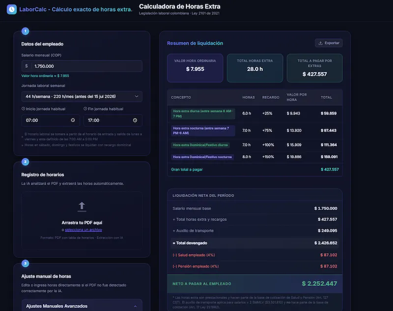 Calculadora de Horas Extra Colombia - Herramienta laboral